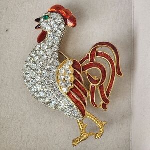 Gold with Clear Crystals and Red Enamel Red Enamel Rooster Brooch Pin